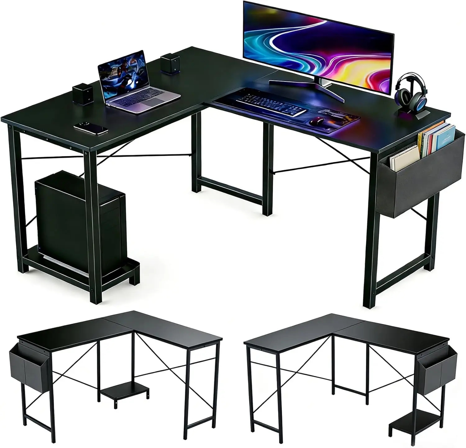 50 Inch L-Shaped Reversible Gaming Desk with CPU Stand & Storage Bag, Sturdy Metal Frame for Home Office