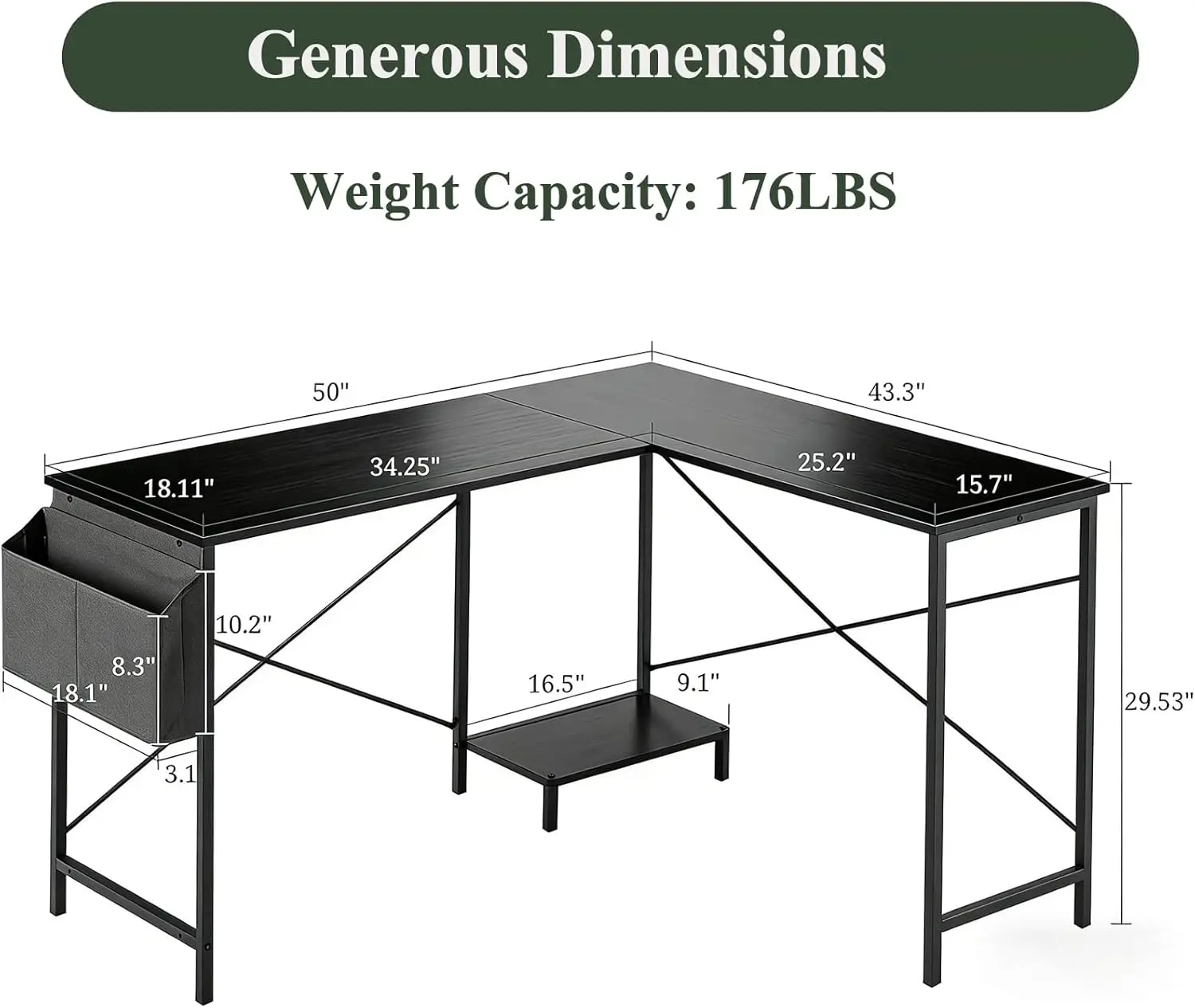 50 Inch L-Shaped Reversible Gaming Desk with CPU Stand & Storage Bag, Sturdy Metal Frame for Home Office