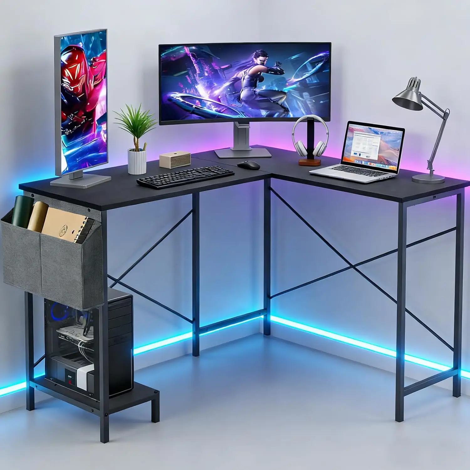 50 Inch L-Shaped Reversible Gaming Desk with CPU Stand & Storage Bag, Sturdy Metal Frame for Home Office